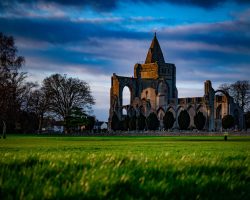 Beautiful view of the Crowland Abbey from Snowden Field on a cloudy day