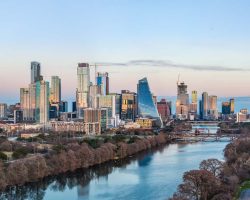 Cityscape of downtown Austin from the west in Zilker park